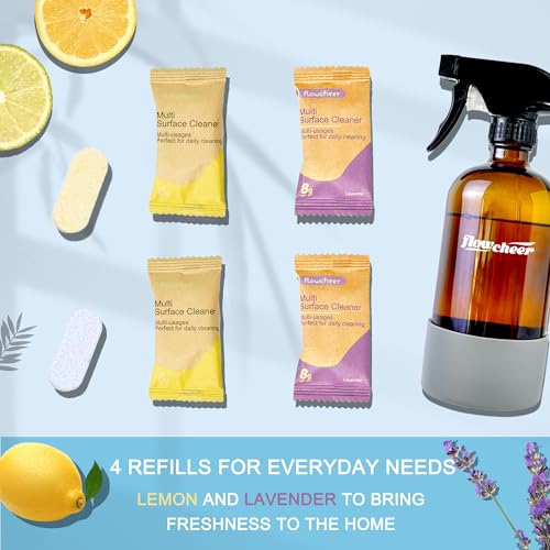 Image of flowcheer All Purpose Multi Surface Cleaner Refills for Household (variety) | 2 Pack Reusable Spray Bottles & 4 Pack Refills Tablet, 4 x 16.9 Fl oz Bottles of Spray Cleaner Lemon and Lavender Scent
