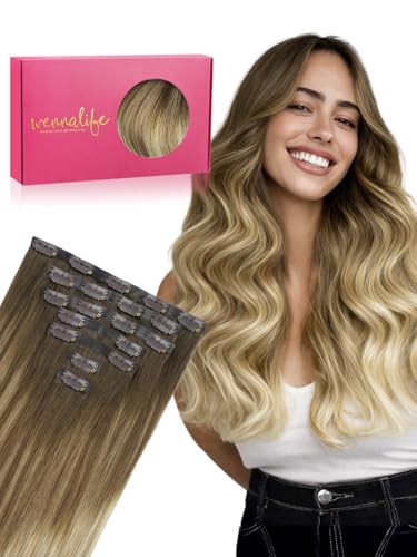 WENNALIFE Seamless Clip In Hair Extensions Human Hair, 14 Inch 130g 7pcs Ombre Walnut Brown to Ash Brown and Bleach Blonde Real Hair Extensions Clip in Human Hair Invisible PU Skin Weft