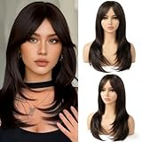 TuTive Brown Wig with Bangs 22 Inch Centre Parting Long Straight Layered Wig for Women Natural Looking Heat Resistant Synthetic Fibre Wigs for Daily Party Use(Brown)