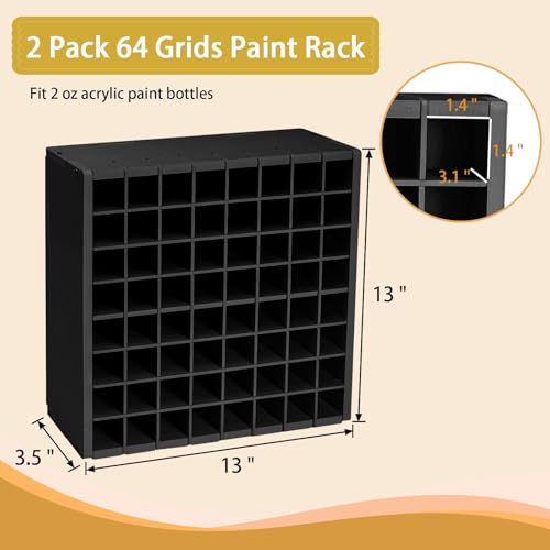 Image of Krafetto 2 Pack 64 Grids Paint Organizer Storage Rack, Wall-mountable Craft Paints Holder, Paint Bottle Organizer Rack Stand for 2 oz Acrylic Craft Paints, Black