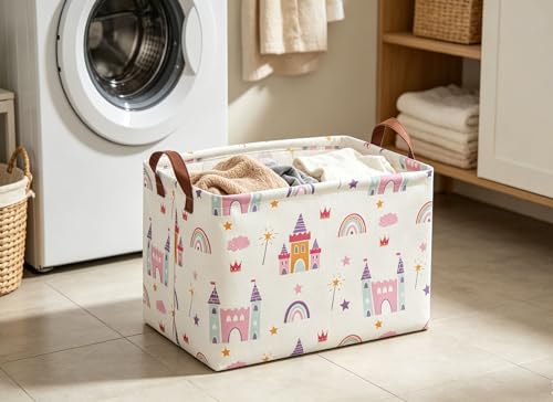 Image of Baskets Nursery Basket Storage Bins Rectangular Cute Storage Bin Organizer Book Shelf Basket Rose Room Decor(Castle)