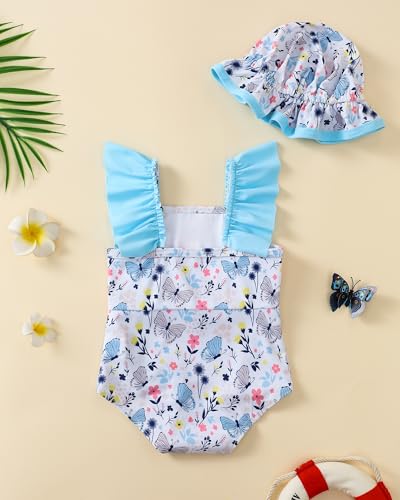 Image of Toddler Girl Swimsuit Baby Girl Bathing Suit Long Sleeve Floral Zipper One-Piece Rash Guard Swimsuit with Hat
