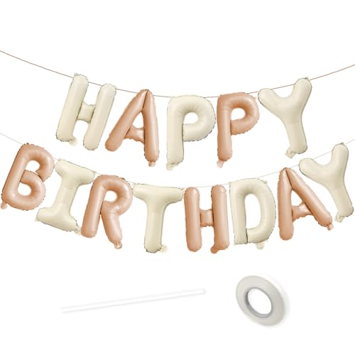 VHUWE 16 Inch Happy Birthday Balloon, White Sand and Beige Happy Birthday Balloons Banner Aluminum Foil Letters Balloons for Birthday Party Decorations Supplies | White Sand Beige