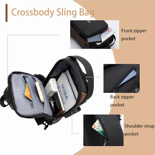 Travel Sling Bag Waterproof Crossbody Bag with Combination Lock Anti-Theft PU Leather Chest Bag with USB Charging Hole Shoulder Backpack Motorcycle Bags Grey3