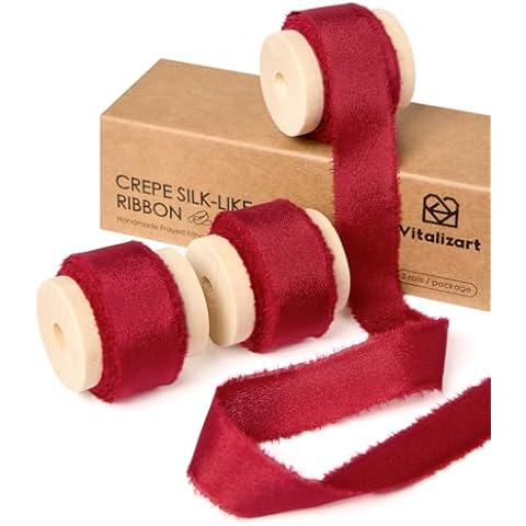 Vitalizart Red Ribbon Double Face Silky Satin Ribbon 5/8" Crepe Silk Like Handmade Frayed Fringe for Christmas Gift Wrapping Wedding Bridal Bouquets Holiday Decor 15 Yard Burgundy Red Cover