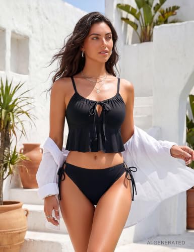 Image of Blooming Jelly Womens Cute Bikini Sets Two Piece Swimsuits Mid Rise Ruffle Trim String Bathing Suit