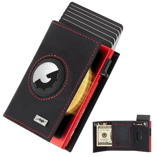 Image of AirTag Wallet - Full Grain Leather, Mens Minimalist Wallet with Apple Air Tag Holder, Slim Smart Pop up Card Case, ID Window, RFID Blocking Wallet for Men and Woman Black /Red