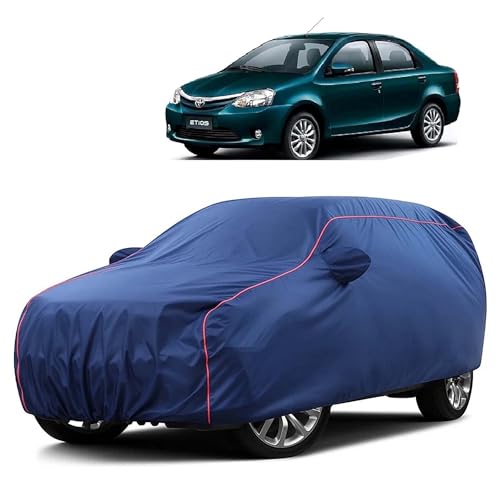 Image of Sulfar 100% Water Resistant Car Body Cover Compatible with Mirror for Toyota Etios (Triple Stitched, Full Bottom Elastic, Blue Taffeta with Red Piping)