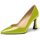 NUMALEO Women's 3.3 Inch Pointed Toe Dress Dating Solid Slip On Spool High Heel Patent Pumps Shoes Yellow Green Size 8 - Zapatos de Tacon para Mujer