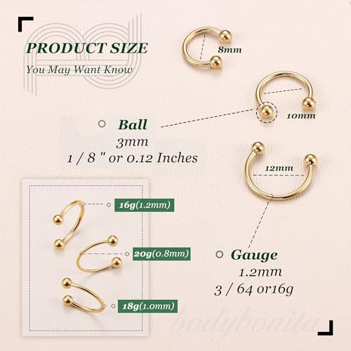 BodyBonita G23 Titanium Horseshoe Septum Rings - 2/3pcs Nose Rings Circular Barbell Spikes Septum Jewelry Nose Piercing Jewelry Conch Helix Rook Lip Cartilage Earring for Women Men Gold/Silver/Black4
