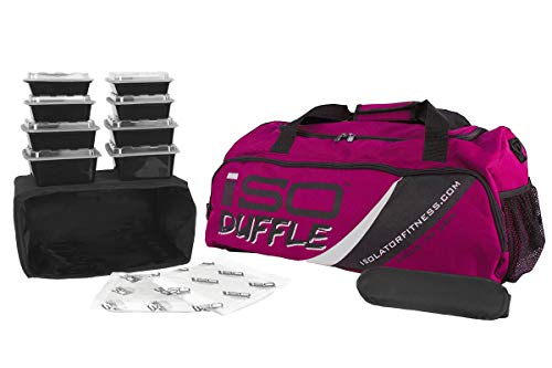 Meal Prep Duffle Bag 4 Meal ISODUFFLE Gym Bag Meal Prep Management Insulated Lunch Bag with 8 Stackable Meal Prep Containers, 2 ISOBRICKS and Shoulder Strap -MADE IN USA (Fuchsia)
