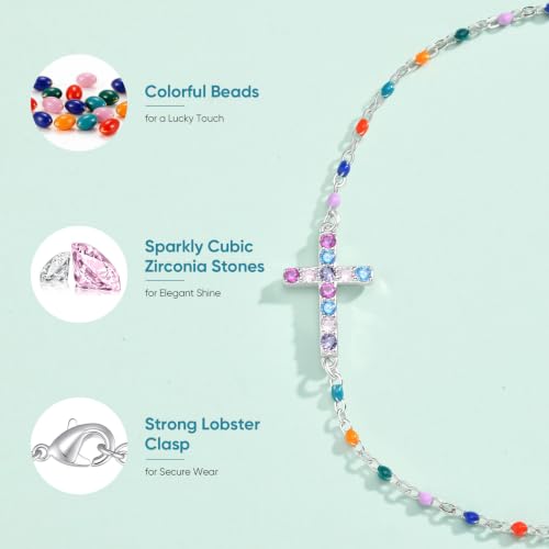Cross Bracelet for Girls, Silver Plated Christian Jewelry, Colorful Beads - image 3