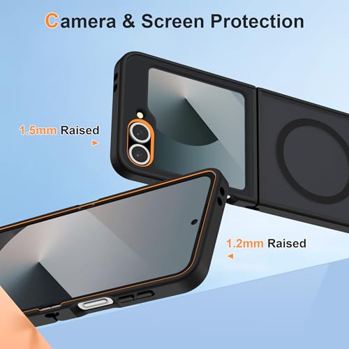 Image of ORETECH Magnetic for Samsung Galaxy Z Flip 7 FE Case Galaxy Z Flip 6, with [2 x Screen Protector] Translucent Back Non-Slip Shockproof Bumper Case for Galaxy Z Flip 7FE / 6 - Black | 2 Pack Screen Protector, Translucent Back Non-Slip Hard PC Shockproof Cover