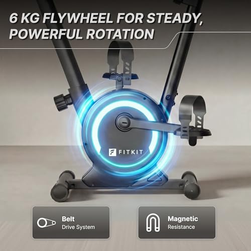 Image of Fitkit by Cult Magnetic Upright Exercise Bike 6 Kg Flywheel & 130 Kg Weight Support with Adjustable Cushioned Seat | 16-Level Magnetic Resistance | LCD Display & Tablet Holder | Suitable for Home Gym Workout