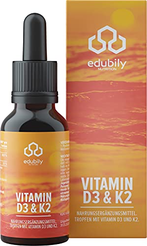 edubily® Vitamin D3 K2. 1132 Tropfen gelöst in MCT Öl. Vitamin D3 trägt zu einer normalen Funktion des Immunsystems, der Knochen & Muskeln bei.