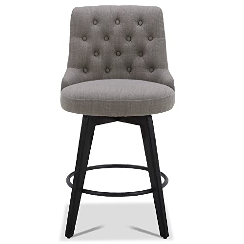 Image of Watson & Whitely Counter Height Bar Stools Swivel Barstools, Fabric Grey | Upholstered Modern Barstool with Back, Solid Wood Legs, 26 inch H Seat