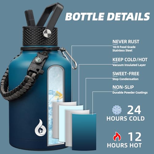 Image of BJPKPK Insulated Water Bottles with Straw Lid, 50oz Large Water Bottle with 3 Lids and Paracord Strap, Stainless Steel Metal Water Bottle, Insulated Water Jug,Vast