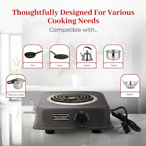Image of BAJAJ VACCO Coil Hot Plate, 2000-Watt Electric Cooktop, Coil Stove, Cooking Heater, Black, HP-06 New