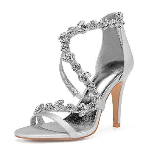 Eldecey Women Wedding Bridal Sandals High Heel Prom Wedding Evening Shoes Satin Crystals Open Toe Zipper Back Strap Wedding Shoes Silver US8.5