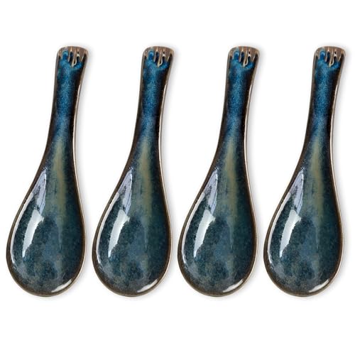 Asiatische Suppenlöffel Set 4 Stücke Japanische Art-Blaue Keramik Suppenlöffel Ideal für Ramen Asiatische Suppen und Desserts Spülmaschinenfest und Gesund