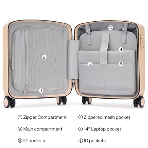 Image of Hanke 16 Inch Underseat Small Carry On Luggage, Hard Shell with TSA Lock | PC Hard Shell, 14 inch Padded Laptop Pocket, Multi-Compartment, 8 Spinner Wheels, Lightweight, Short Trip