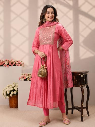 Image of Women's Chanderi Kurta with Legging and Dupatta | Modern & Traditional Blend Ethnic Wear Set | Festive & Casual Summer Kurti with Pants for Party Office & Ethnic Occasions