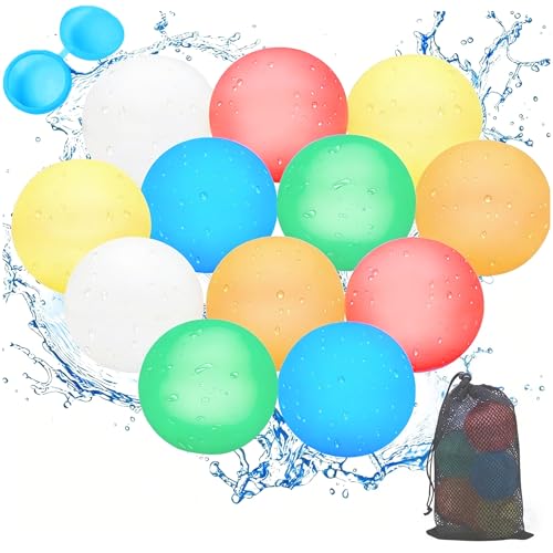 Wasserbomben Wiederverwendbar, Reusable Wasserballons mit Netzbeutel, Selbstdichtende Silikon Wasserbombe, Sommerspaß-Wasserspielzeug Pool Spielzeug für Party, Wasserpark, Familienspiel(12 Stück)