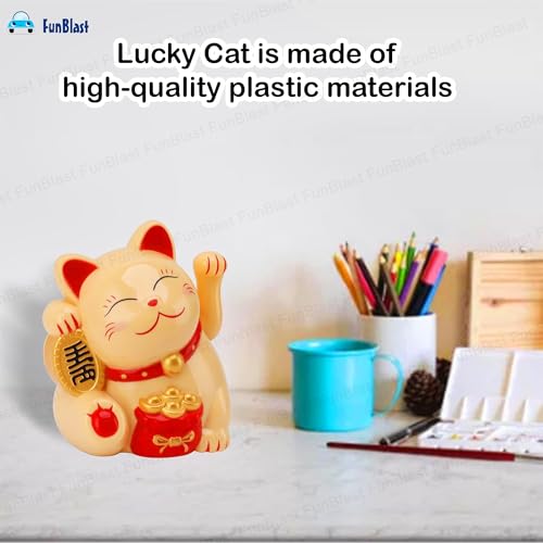 Image of FunBlast Maneki Neko Lucky Cat, Waving Arm Solar Powered Good Luck Wealth Welcoming Display Car Decor Paw Up with Arm, Decor Item for Home, Office and Car (Yellow)