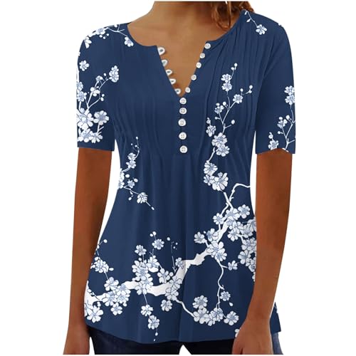 SMIDOW Women Clothes Fashion 2026 Summer Tops for Women 2026 Trendy Boho Floral Print Tunic Shirts Short Sleeve Button v Neck Tshirt Casual Loose Blouse Short Sleeve Tops for Women Navy S