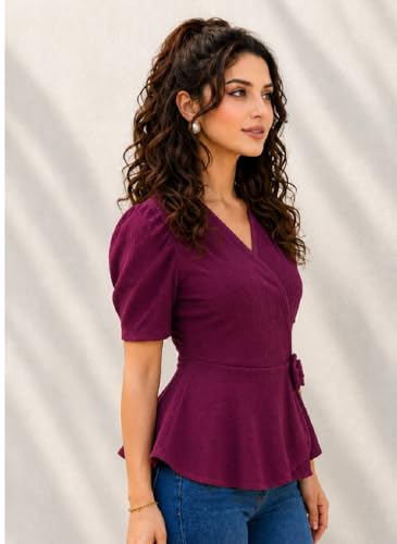 Image of IUGA Women Black Wrap Peplum Top for Women | Puff Half Sleeves V-Neck Casual Western Top | Stylish Regular Fit Tops for Girls