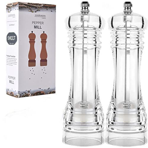 Refillable 8 inch Large Transparent Acrylic Clear Pepper Mill Stand Set Peppercorn Grinder Combo Adjustable Coarseness Salt Pepper Shakers with Ceramic Rotor Kitchen Kitchen Gadgets (8inch-2PCS Pack)