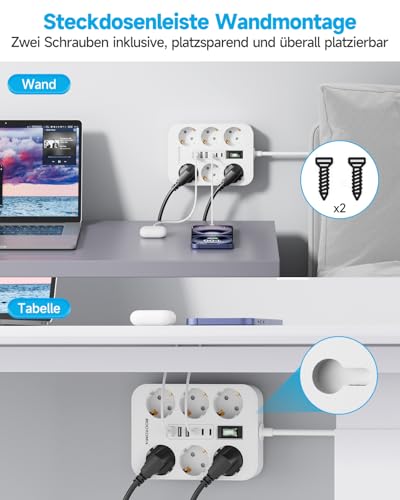 Steckdosenleiste 6-Fach mit USB (3 USB-A 3 USB-C) Mehrfachsteckdose Wandmontage, Steckdose mit Schalter und 2M Verlängerungskabel Überspannungsschutz Steckdose, Weiß 6