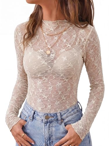 BTFBM Mesh Lace Long Sleeve Tops for Women 2026 Fall,White,S - image 2