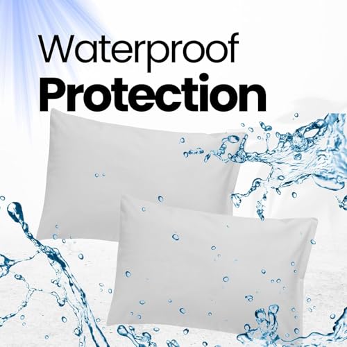 Image of Waterproof Terry Cotton Pillow Protector Cover with Zippered Closure | 18X28 Inch Standard Size Pillow Cover, Set of 2 | Dustproof Bedding Pillowcase for Protection (White)