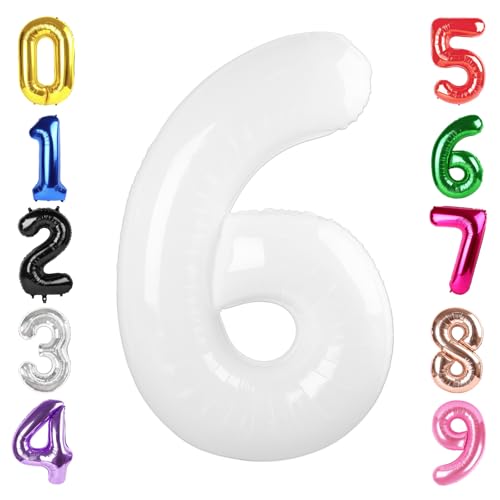 Image of 40 Inch White Number 6 Balloon Birthday Party Decorations for Men & Women | 40 Inch White inflatable foil number balloons, large birthday decorations for 6th birthday