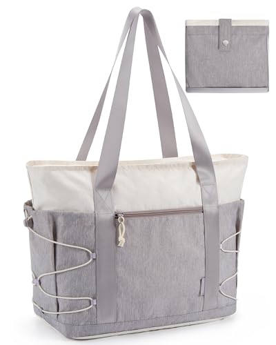 BAGSMART Tote Bag for Women, Foldable Tote Bag With Zipper Large Handbags Shoulder Bag Commuter bag for Travel/Work/Sport, Grey