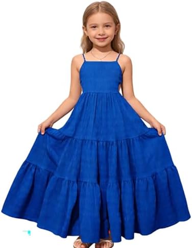 Backless Cami Dress for Tween Girls Spaghetti Strap Tiered Sleeveless Backless Flowy Long Sundress with Back Tie