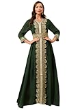 Women Muslim Abaya Kaftan Dress Lace Ethnic Moroccan Dress Eid Prayer Clothes Arabian Maxi Robe(Dark Green, L)