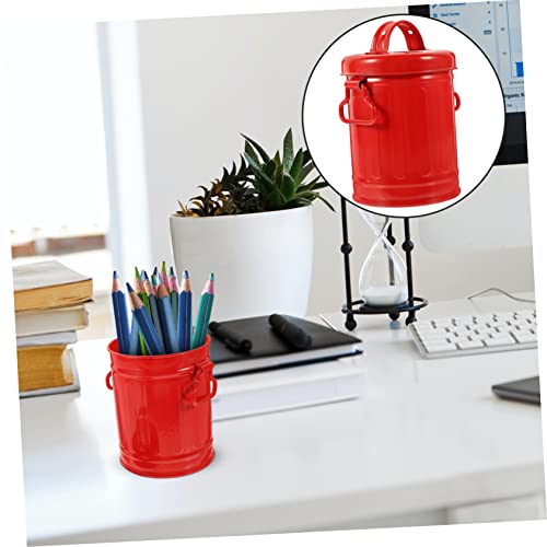 Image of KOMBIUDA 1pc Desktop Mini Trash Can Lid Versatile Pen Holder and Makeup Brush Organizer for Home and Office Space-Saving Iron Storage Bucket Red for Stationery and Item Storage