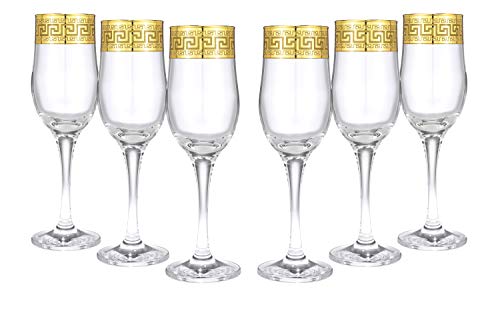 World Gifts Gold Rimmed Champagne Flutes 6-pieces Glass Set Greek Key Pattern Contemporary Drinkware