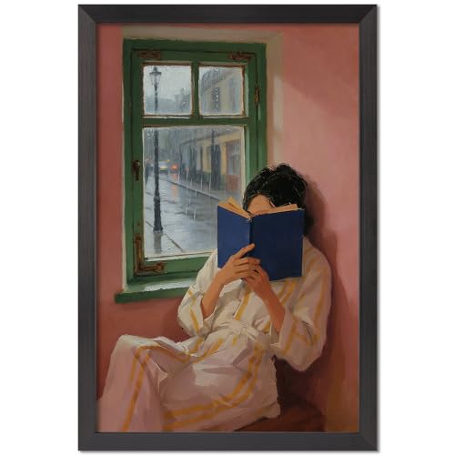 Warm Pink Rainy Day Woman Reading By Green Window Oil Painting Poster Canvas Wall Art Cozy Aesthetic Home Decor for Living Room Bedroom Apartment Office Dorm 8X10 in Black Framed