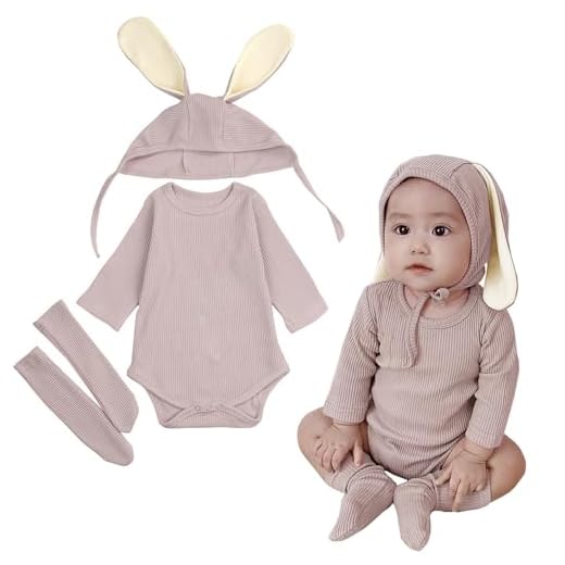 AGQT Babys Easter Bunny Outfit Set Baby Boys Halloween Costume Animal Clothes 3pcs Bunny Ear Long Sleeve Romper with Sock and Hat Khaki Size 18-24 Months