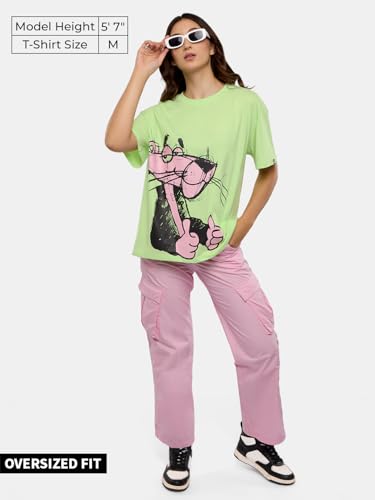 Image of The Souled Store Official Pink Panther: Thumbs Up Women and Girls Oversized fit Graphic Half Sleeve Cotton Green Color Women Oversized T-Shirts (216639)