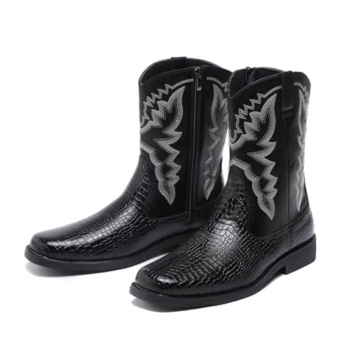 Santimon Men's Crocodile Western Cowboy Boots, Side Zipper, Mid Calf, Silver Stitching, Square Toe Leather Boots3