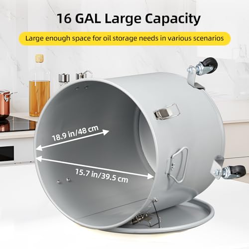 Fryer Grease Bucket 16 Gal, Coated Carbon Steel Oil Filter Pot with Caster Base, Oil Disposal Caddy, Transport Container with Lid Lock Clip Nylon Filter Bag, Silver