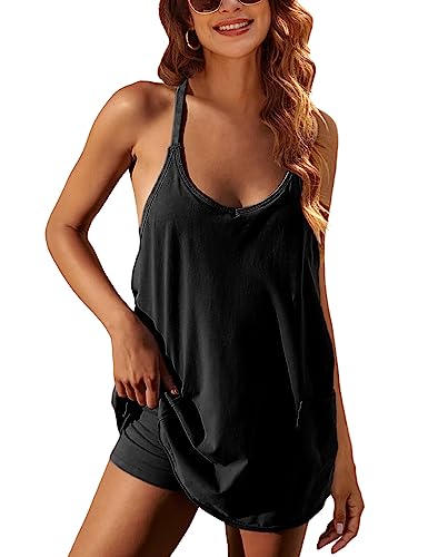 Yidarer Womens Summer Athletic Mini Dress Sleeveless Spaghetti Strap Built-in Shorts Scoop Neck Sundress with Pockets