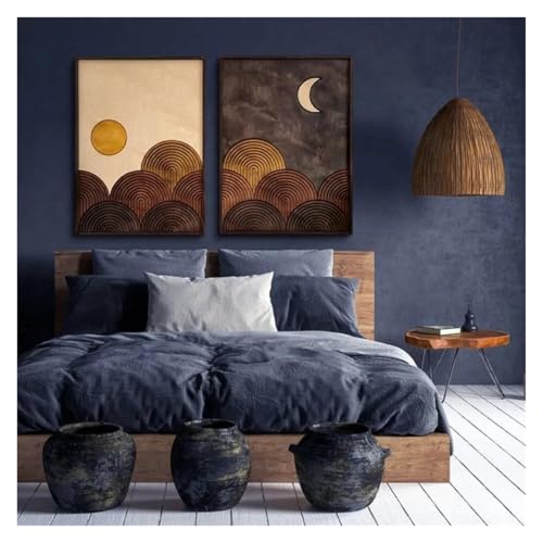Peinture sur toile soleil et lune lot de 2 décorations murales modernes 50x70cm