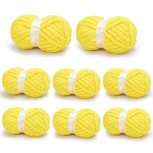 Chunky Yarn for Hand Knitting, Chunky Chenille Blanket Yarn for Crocheting, Bulky Soft Fluffy Chenille for Blanket Project, 8 Pack of 8oz/25yds, Vibrant Yellow