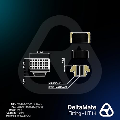 Image of Thermal Grizzly - DeltaMate - HT14 - Hard Tube Fitting - Black - CNC-machined brass - G1 /4 inch thread, OD 14mm - for rigid plastic /metal tubing in water-cooling systems