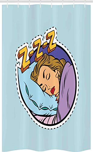 ABAKUHAUS Pop-Art Schmaler Duschvorhang, Comic Sleeping Girl, Badezimmer Deko Set aus Stoff mit Haken, 120 x 180 cm, Mehrfarbig